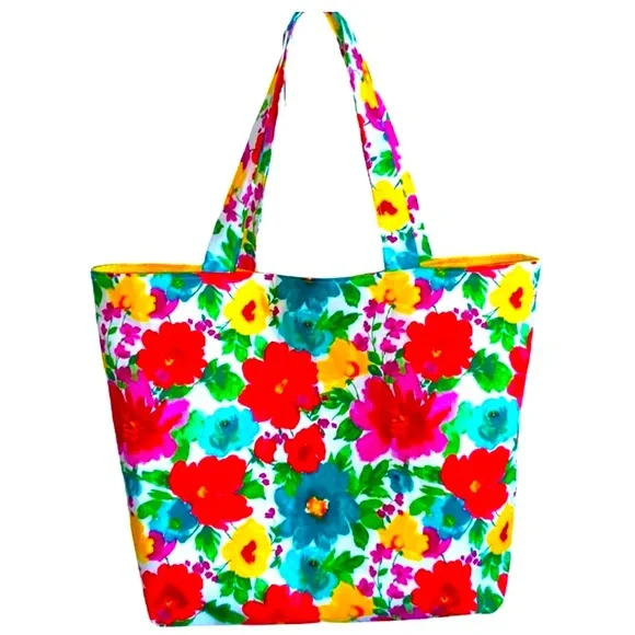 Relisted Colorful Floral Fabric Cotton All Purpose Tote Bag Shoulder Purse - Picture 3 of 6